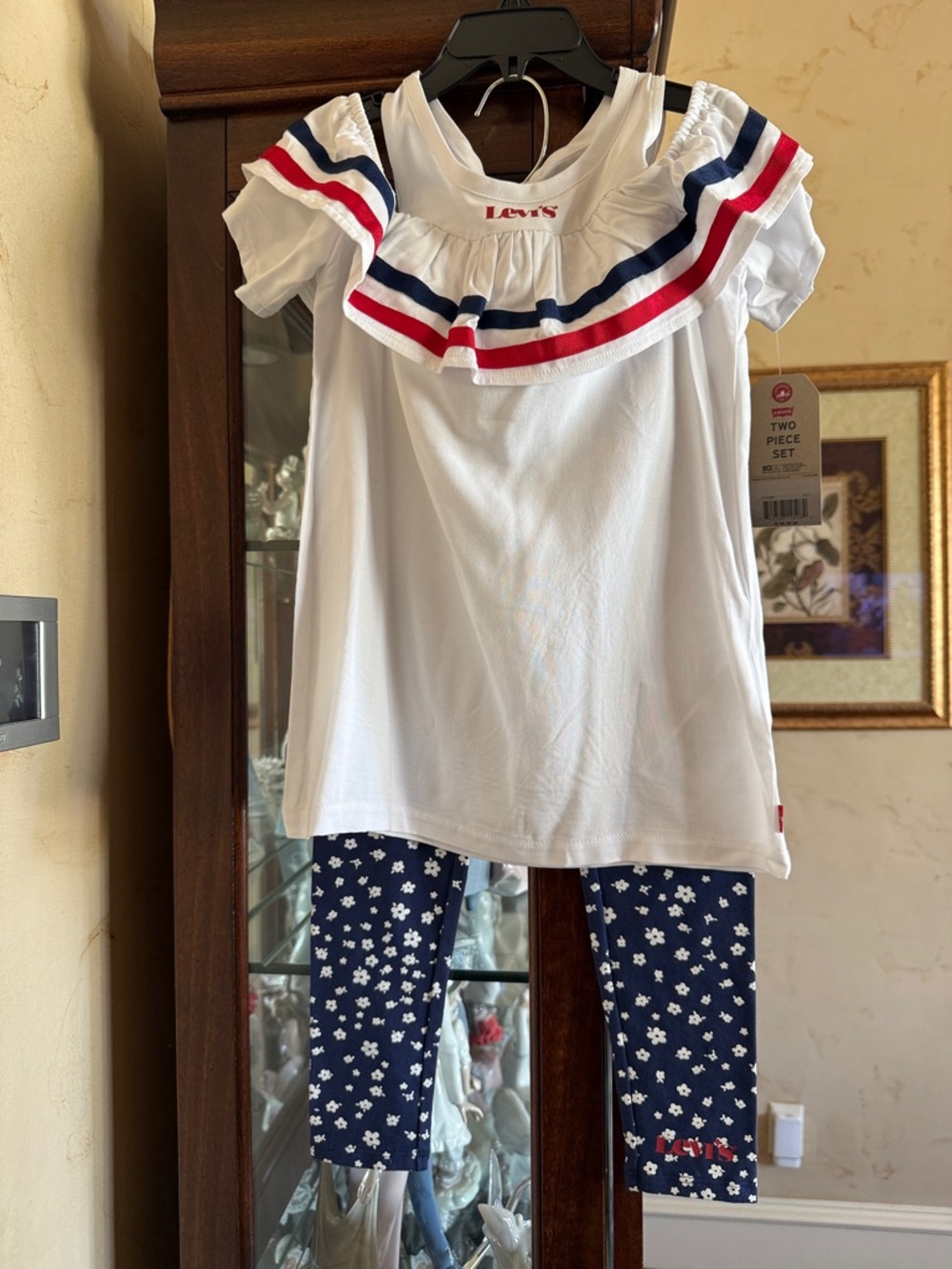 Levi's White Ruffle Top with Red & Navy Trim and Navy Floral Leggings